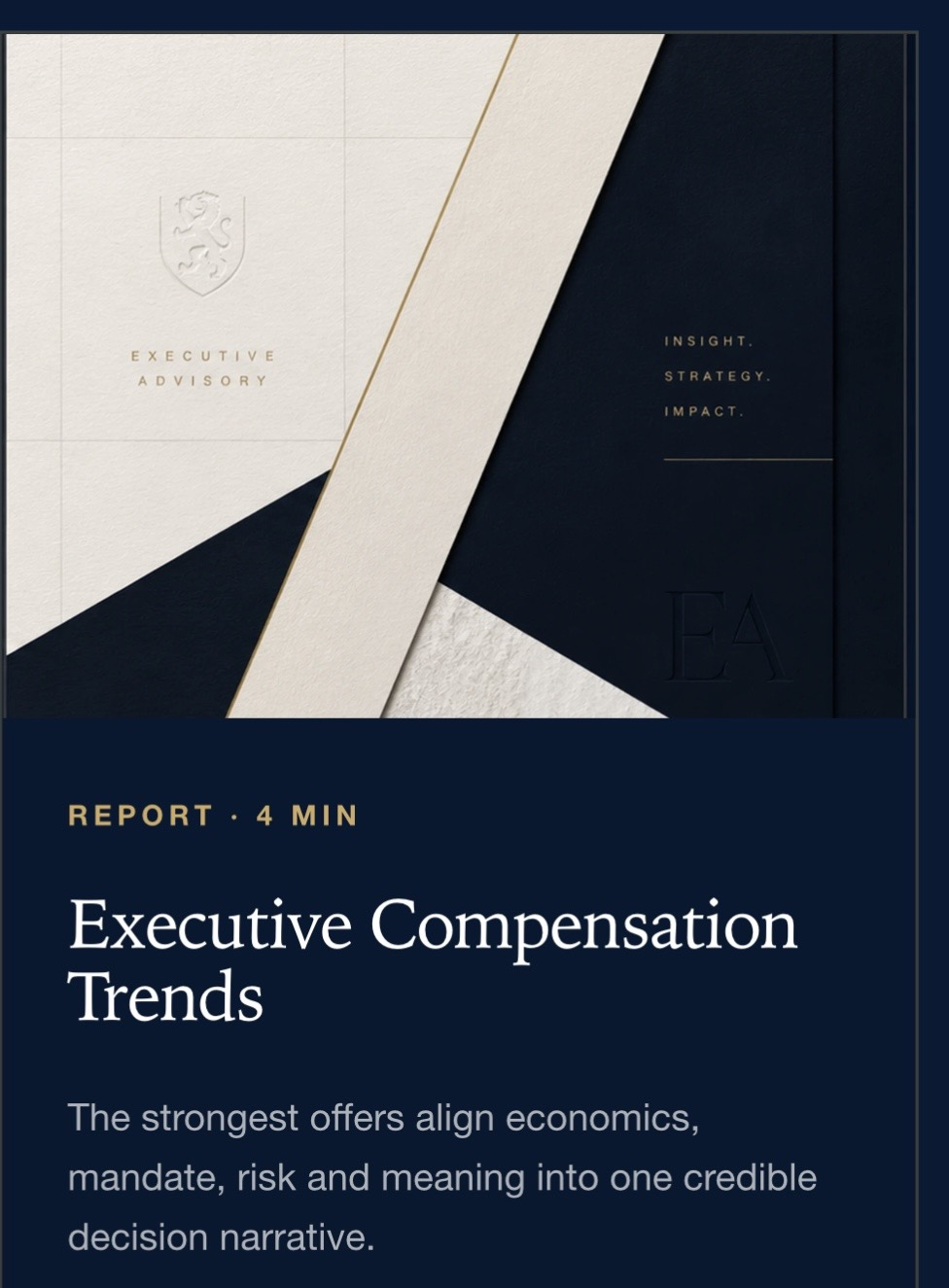 Executive Compensation Trends ivory, navy and brass editorial cover.