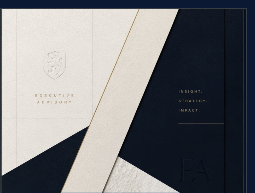 Ivory, navy and brass textured editorial artwork for executive compensation.