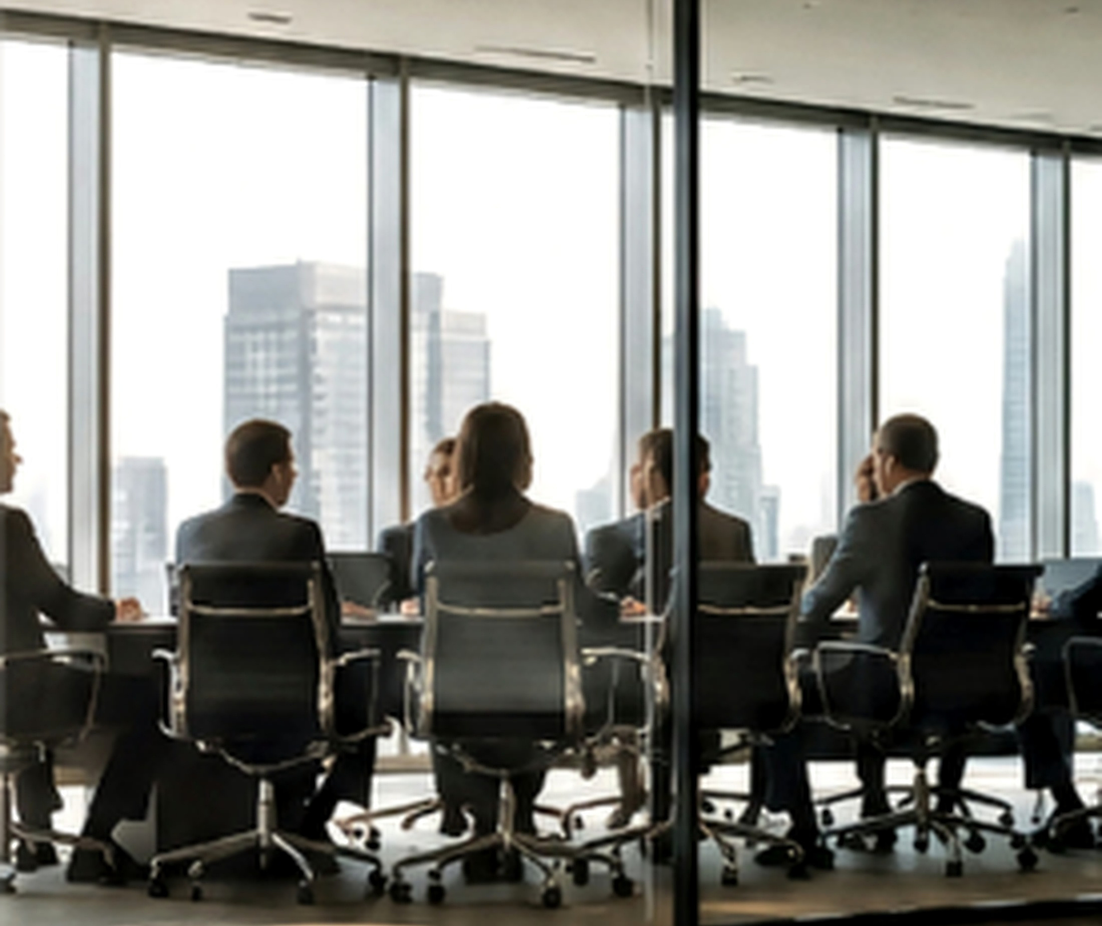 Senior leaders meeting in a glass-walled boardroom.