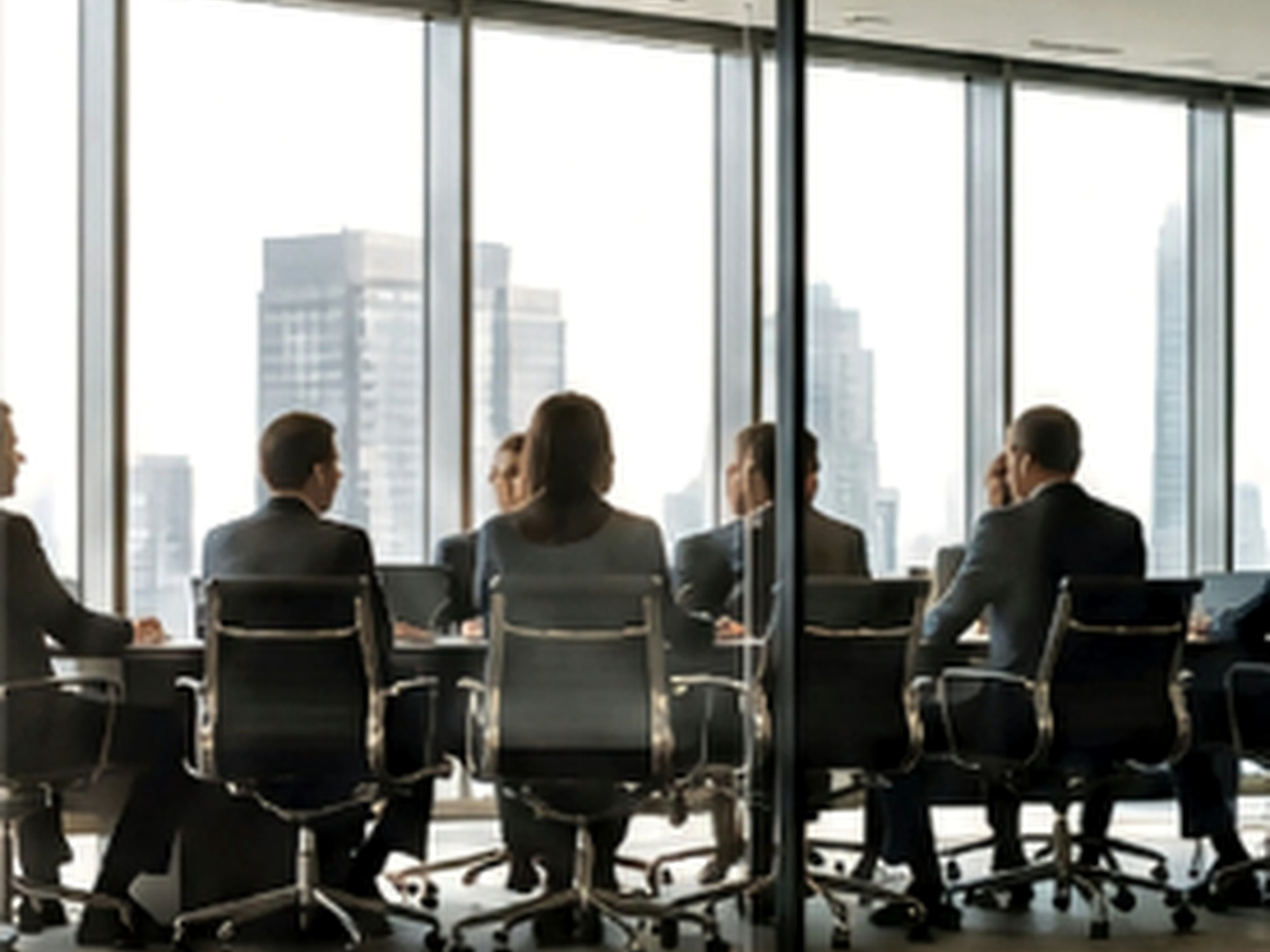 Senior leaders meeting in a glass-walled office.