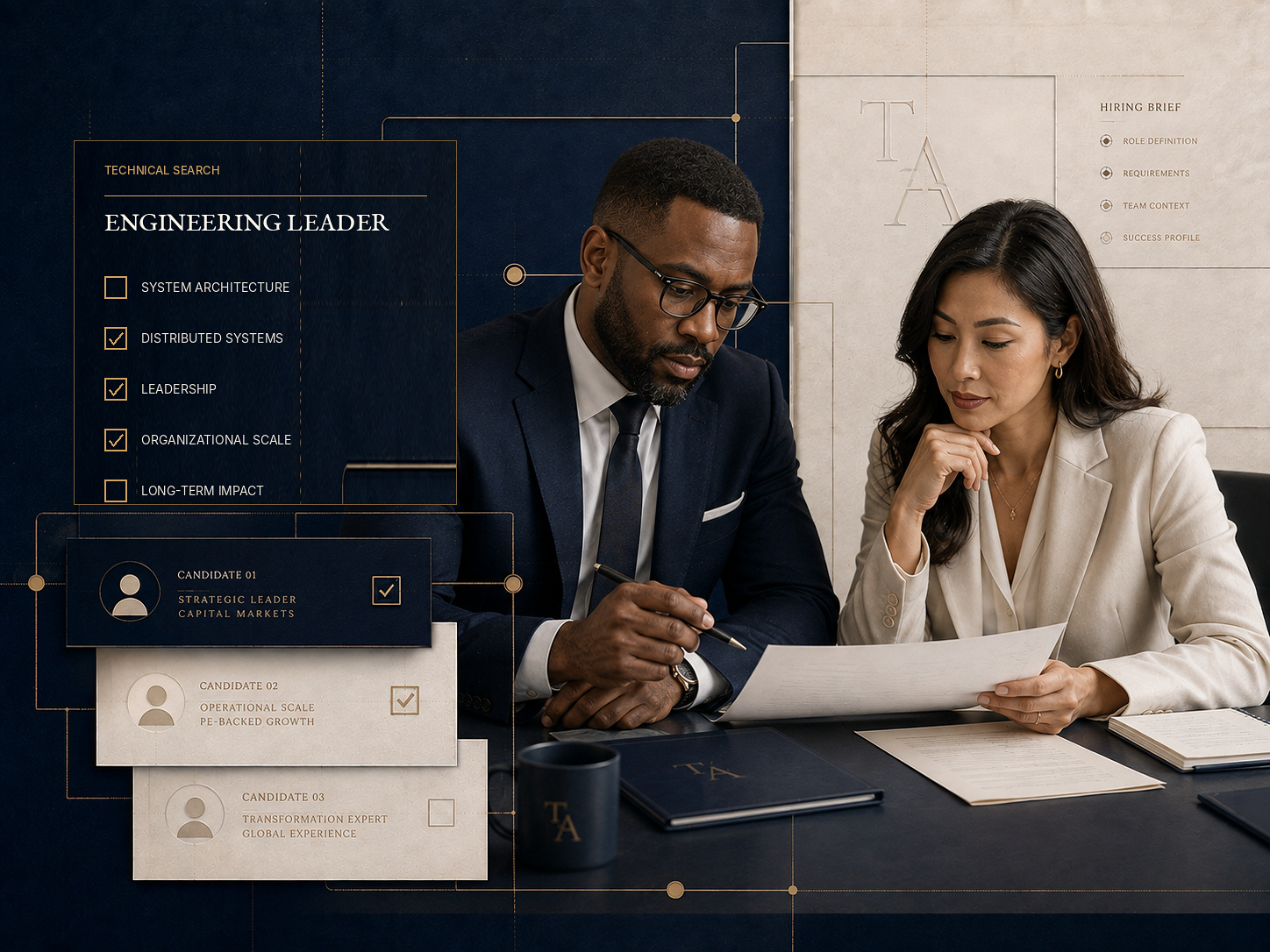A Black male executive and Asian female advisor reviewing a confidential leadership-search brief.